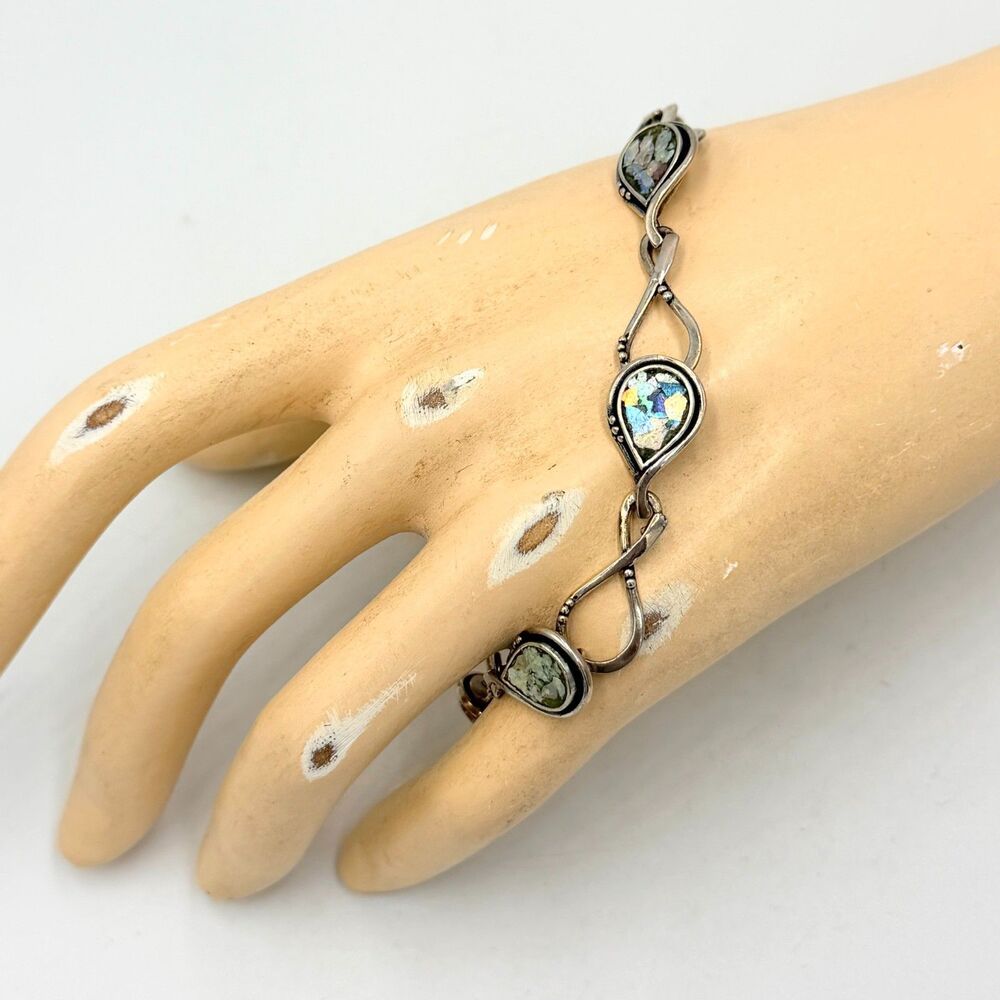 Vintage Roman Glass 925 Sterling Silver Bracelet 8” Artisan Infinity Celestial